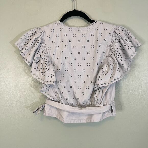 Intermix Wrap Crop Top Size 4 Blue Surplice Eyelet Ruffle Boho Feminine Romantic - Picture 3 of 12